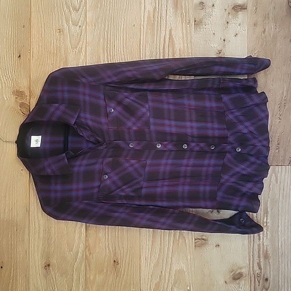 CAbi Medium Blue, Black, and Maroon Plaid Peplum Button Front Shirt - Picture 1 of 7